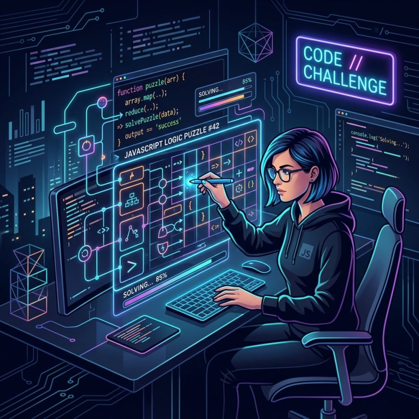 A person solving a JavaScript coding puzzle at a computer — learning to code through practice